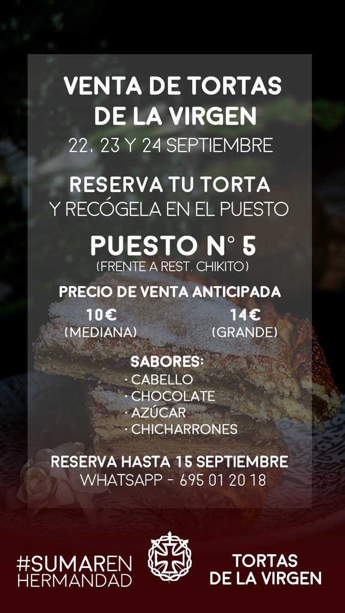 Septiembre en #Granada sabe a #TortaDeLaVirgen. Anímate y no te quedes sin la tuya, haz tu pedido por privado

#SumarEnHermandad
<a href="/ViaCrucisGR/">Hermandad del Santo Vía Crucis - Granada</a>