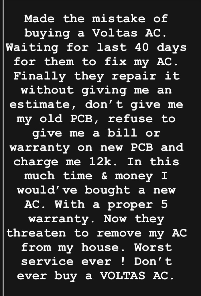 radharajan's tweet photo. Never Buy a Voltas AC! 

@myvoltas worst service experience with Voltas ac repair at Vizag. Voltas team including branch service manger and area service manager could not resolve the issue with my 5 years old ac. Never buying Voltas product ever again. #fraud 

#voltas @myvoltas https://t.co/Yy0XVsnW0b