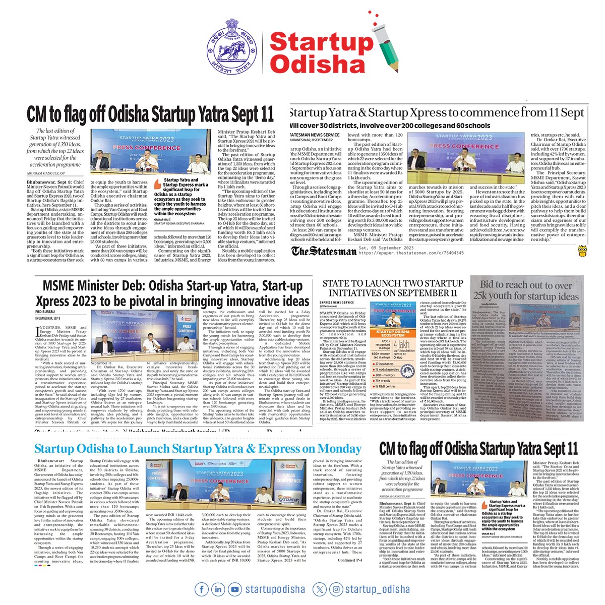 startup_odisha's tweet photo. The flagship campaigns #OdishaStartupYatra and #StartupXpress are all set to be launched by Hon'ble Chief Minister Shri Naveen Patnaik @Naveen_Odisha on 11th September 2023.

The initiatives would help in laying a strong bedrock for the Startup Ecosystem by ensuring participation from young boys and girls from across Odisha, who would be inspired to share their innovative and disruptive ideas
#OdishaStartupYatra2023 #StartupXpress2023
#StartupOdisha #Ohub #Bhubaneswar #Odisha