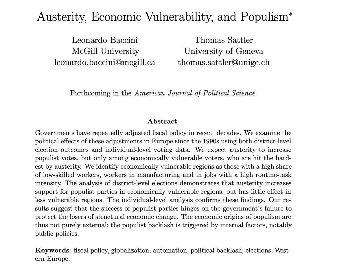 Fiscal austerity increases populist votes; the rise in populist party vote share is driven by economically vulnerable voters; new empirical evidence based on data for district-level elections in Europe.