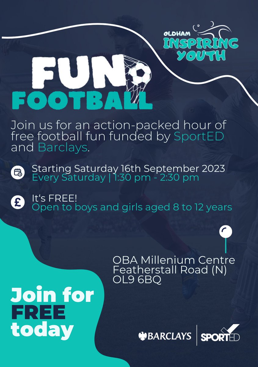 🌟 FREE WEEKLY COMMUNITY FOOTBALL 🌟
JUST A FEW SPACES REMAINING 

It's back and it's FREE. Thanks to @sporteduk and <a href="/barclaysuk/">Barclays UK</a> we're able to resume Fun Football. 

Complete the registration form to book your FREE place today ➡️ bit.ly/fun-football