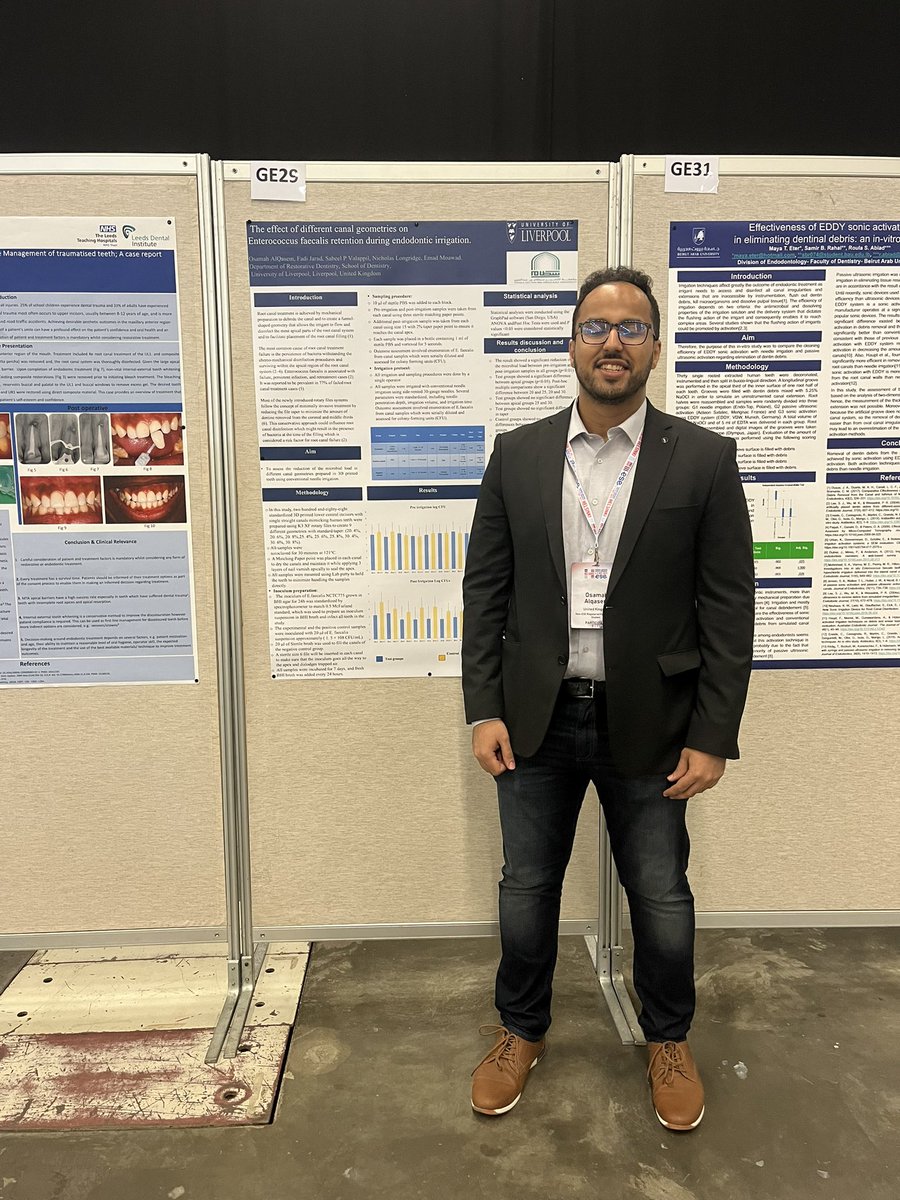 Fadi Jarad (@fadijarad) on Twitter photo Osama DDSc endodontics PG presented his work “The effect of different canal geometries on
Enterococcus faecalis retention during endodontic irrigation.” at the #ESE2023 <a href="/EuSocEndo/">Euro. Soc. Endo.</a> <a href="/livunidentistry/">UoL School of Dentistry</a> <a href="/LongridgeNick/">Nick Longridge</a> <a href="/emmoawad/">Emad moawad</a> Osama DDSc endodontics PG presented his work “The effect of different canal geometries on
Enterococcus faecalis retention during endodontic irrigation.” at the #ESE2023 <a href="/EuSocEndo/">Euro. Soc. Endo.</a> <a href="/livunidentistry/">UoL School of Dentistry</a> <a href="/LongridgeNick/">Nick Longridge</a> <a href="/emmoawad/">Emad moawad</a>