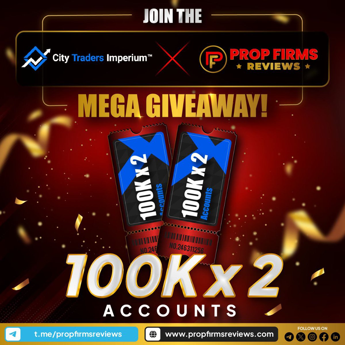 propfirms's tweet photo. 🌟 Join the City Traders Imperium X PropFirmsReviews MEGA 200K GIVEAWAY! 🌟
⏱ Deadline: Oct 10th, 2023. Winners will be announced on Oct 11th 2023 in this group.
..
..
#CTIXPropFirmsGiveaway #TradingExcellence #PropFirms #TradingCommunity #LevelUpTrading #PropFirmsReviews https://t.co/EBTZE5MTqS