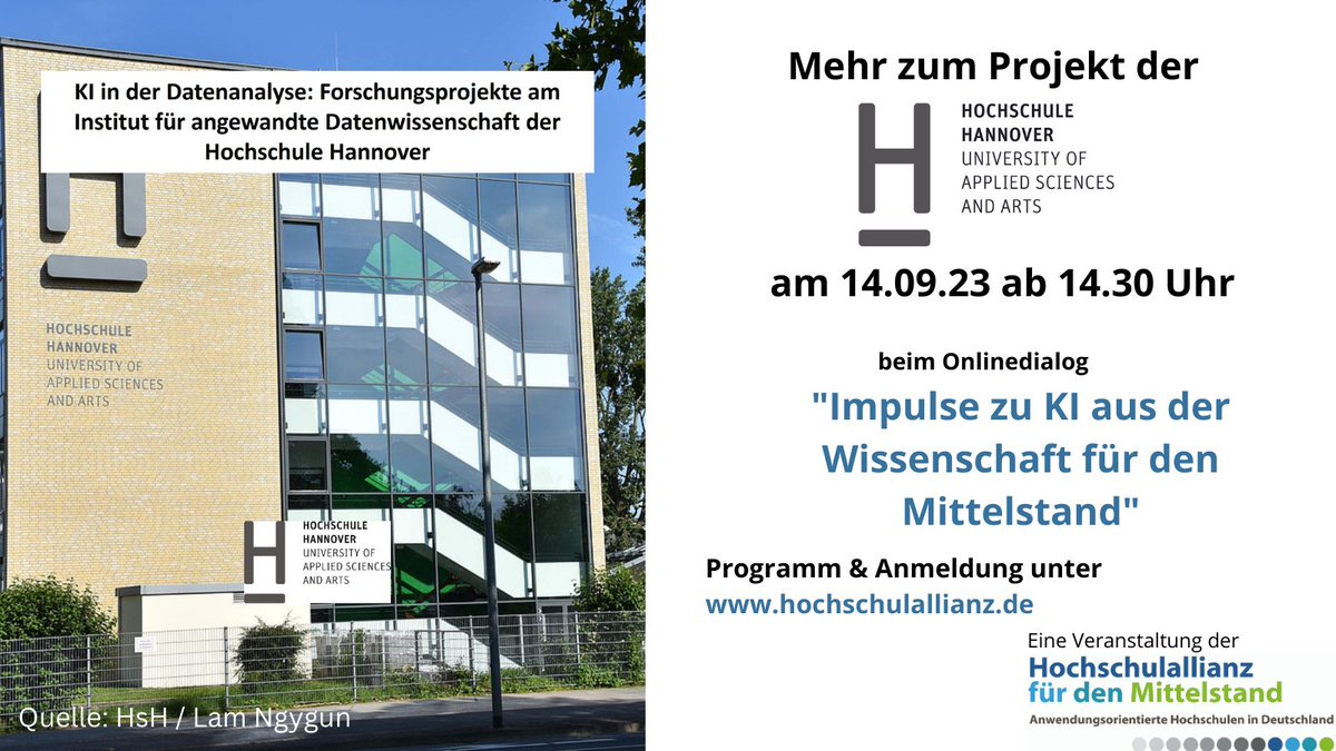 HoAlfM's tweet photo. Das DATA|H‑Institut der @HsHannover unterstützt Akteure auch bei anwendungsnahen KI-Projekten. Prof. Dr. Christian Wartena zeigt beim #HoAlfM-Onlinedialog "Impulse zu KI aus der Wissenschaft für den Mittelstand" am 14.09.23 um 14.30 Uhr Beispiele. https://t.co/5tImQe8ZPH #HAW #KI https://t.co/4vO9L4NGrz