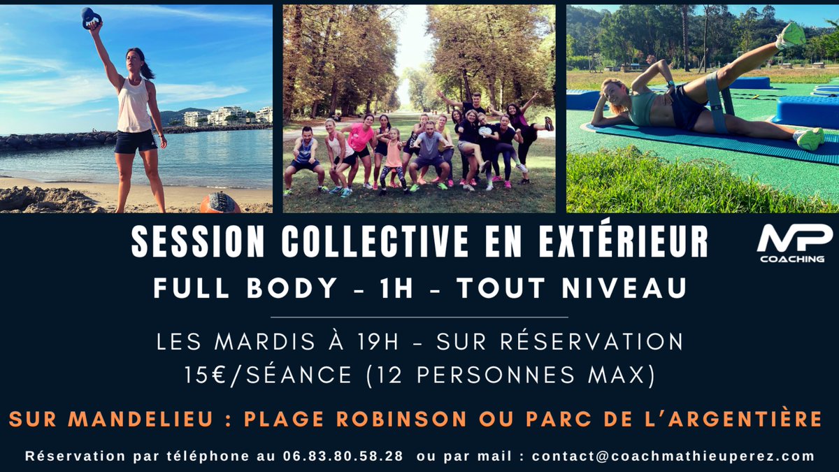 MP_Coaching's tweet photo. Session collective en extérieur 🏋️‍♀️🔥

📆 Ce mardi 12 Septembre à 19h

📍Sur la Plage Robinson au bord de l’eau - Mandelieu-la-Napoule

🏋️‍♀️ Séance de renforcement musculaire Full Body &amp; Cardio

📌 Tout niveau

⚠️ Sur réservation

#coachingsportif #coachsportif #mandelieu #cannes https://t.co/OuzPM0atf7