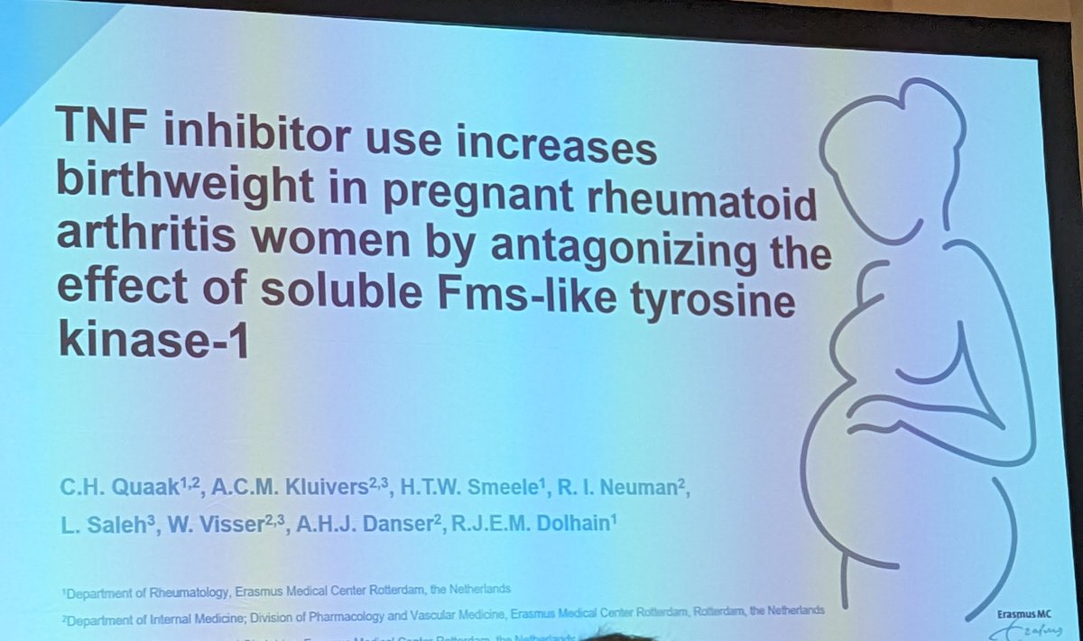 Great oral presentations up in this session - first Quaak et al on TNFi use in pregnancy. We think so much about the risks of treatment on the fetus, but what about the potential benefits? #rheumapreg