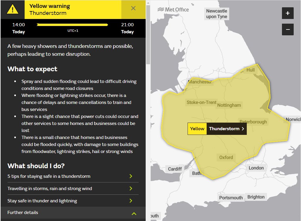 metoffice's tweet photo. ⚠️ Yellow Warning Update ⚠️

Today's yellow warning for thunderstorms has been updated to include parts of Yorkshire and Lincolnshire

Valid 14:00 until 21:00

Stay #WeatherAware https://t.co/5VaUdqbwAe