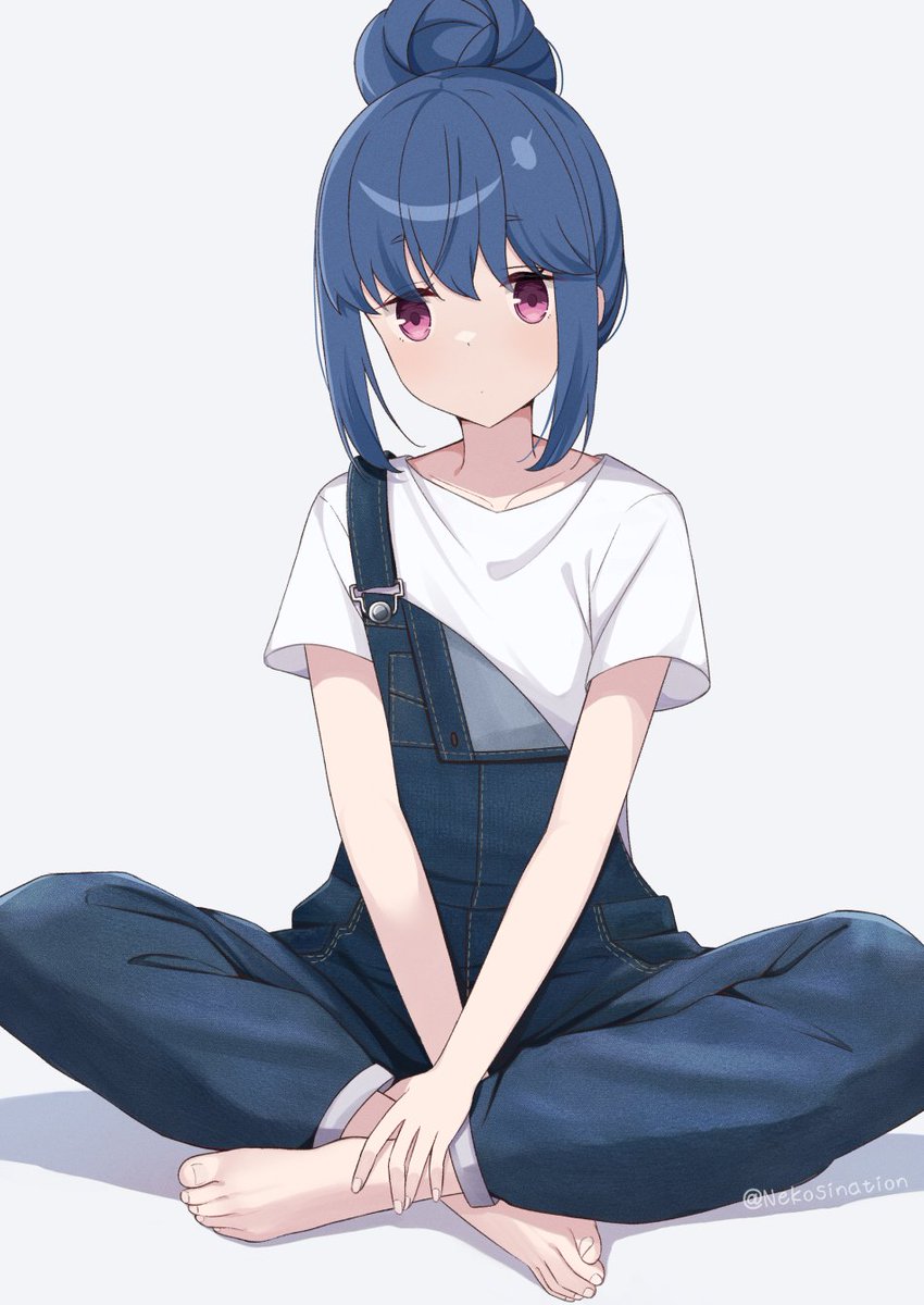 shima rin 1girl solo hair bun sitting overalls blue hair shirt  illustration images