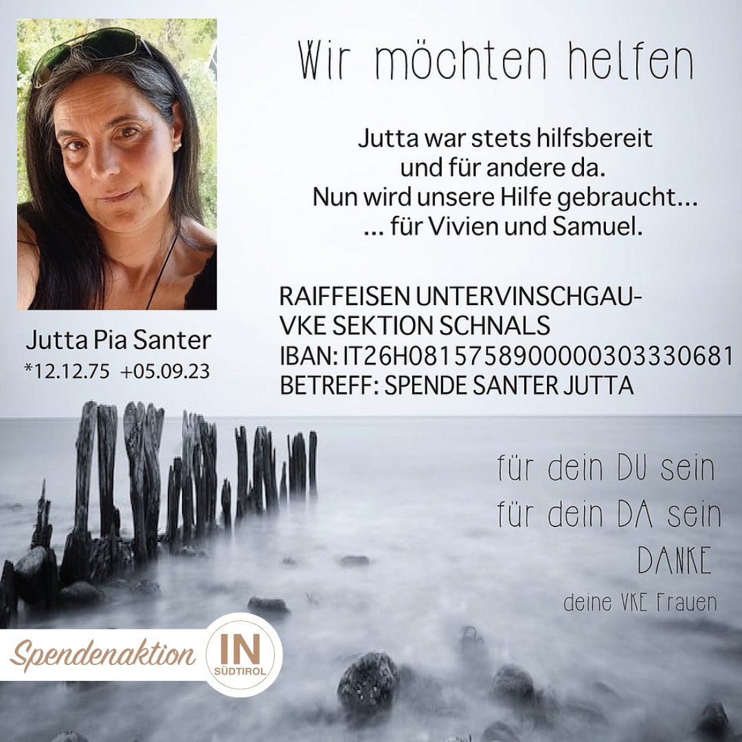 Santer Jutta hinterlässt ihre zwei geliebten Kinder, Vivien &amp; Samuel. 🙏🕯️

insuedtirol.info/hilfe-fuer-viv…

#spendenaktion #vkeschnals #alleswaswirlieben #helfen #insuedtirol