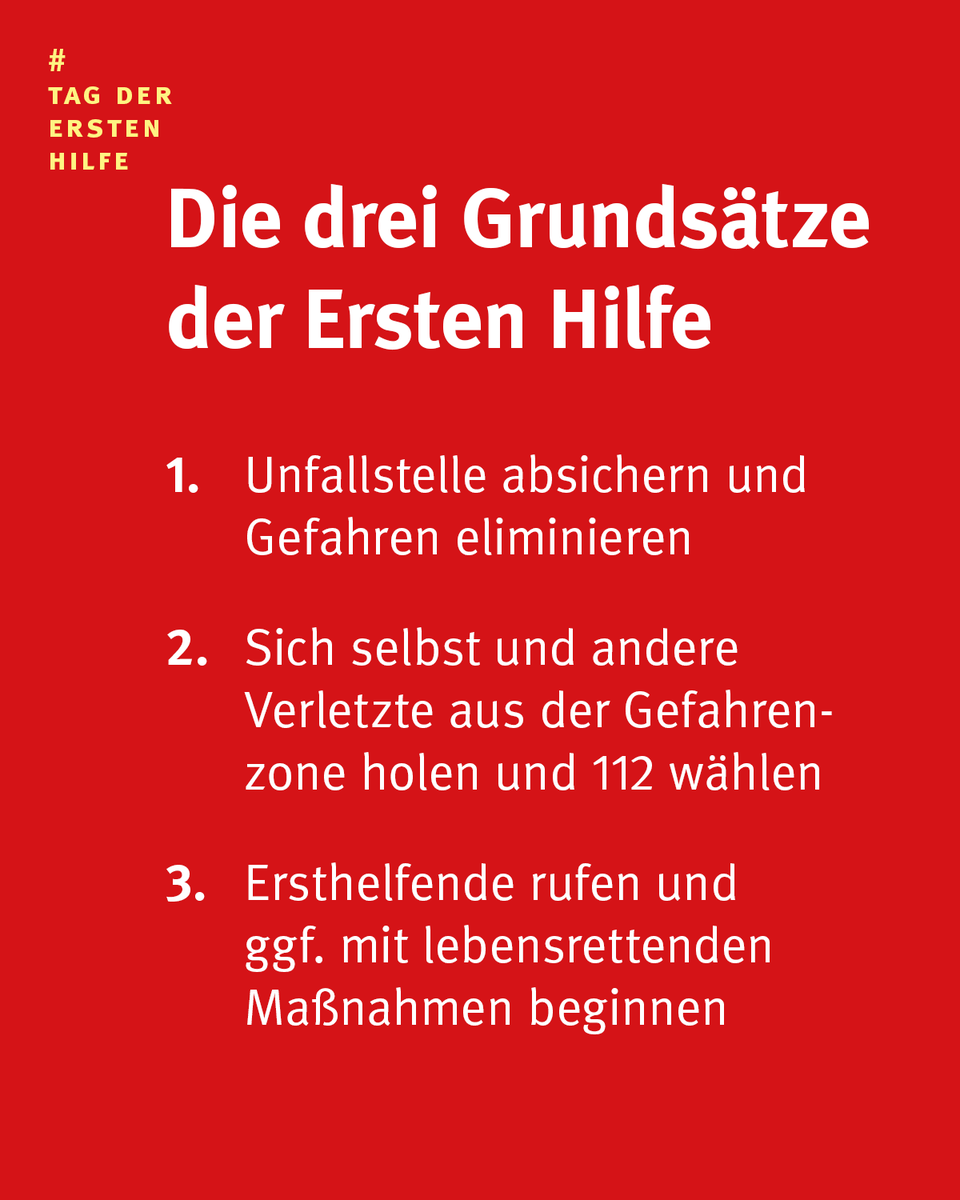 DGUV's tweet photo. Wir alle können mal in eine Notfallsituation geraten. Mit diesen drei Schritten stellt ihr sicher, dass keine akute Gefahr mehr für euch oder andere besteht und Hilfe auf dem Weg ist. 🚑 

#tagdererstenhilfe #gesundheit #sicherheit #prävention #erstehilfe https://t.co/TNMLShbz07