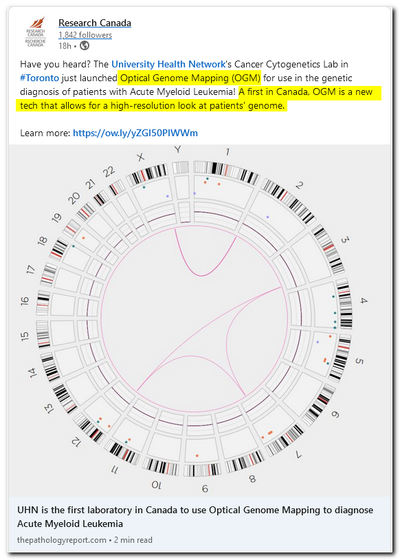 GregLarssen's tweet photo. $BNGO - Bionano

8-Sep-2023

Research Canada, is advertising the fact that the University Health Network (UHN) of Toronto is the first laboratory in Canada to use OGM as Standard of Care to diagnose  Acute Myeloid Leukemia.

This is important as  Research Canada  is an advocacy alliance which pushes for health research and the adoption of new technologies in Canada by engaging with government, health departments, the media, and policy makers, so their pushing for OGM adoption is major.

https://t.co/qfxXjnzWFt