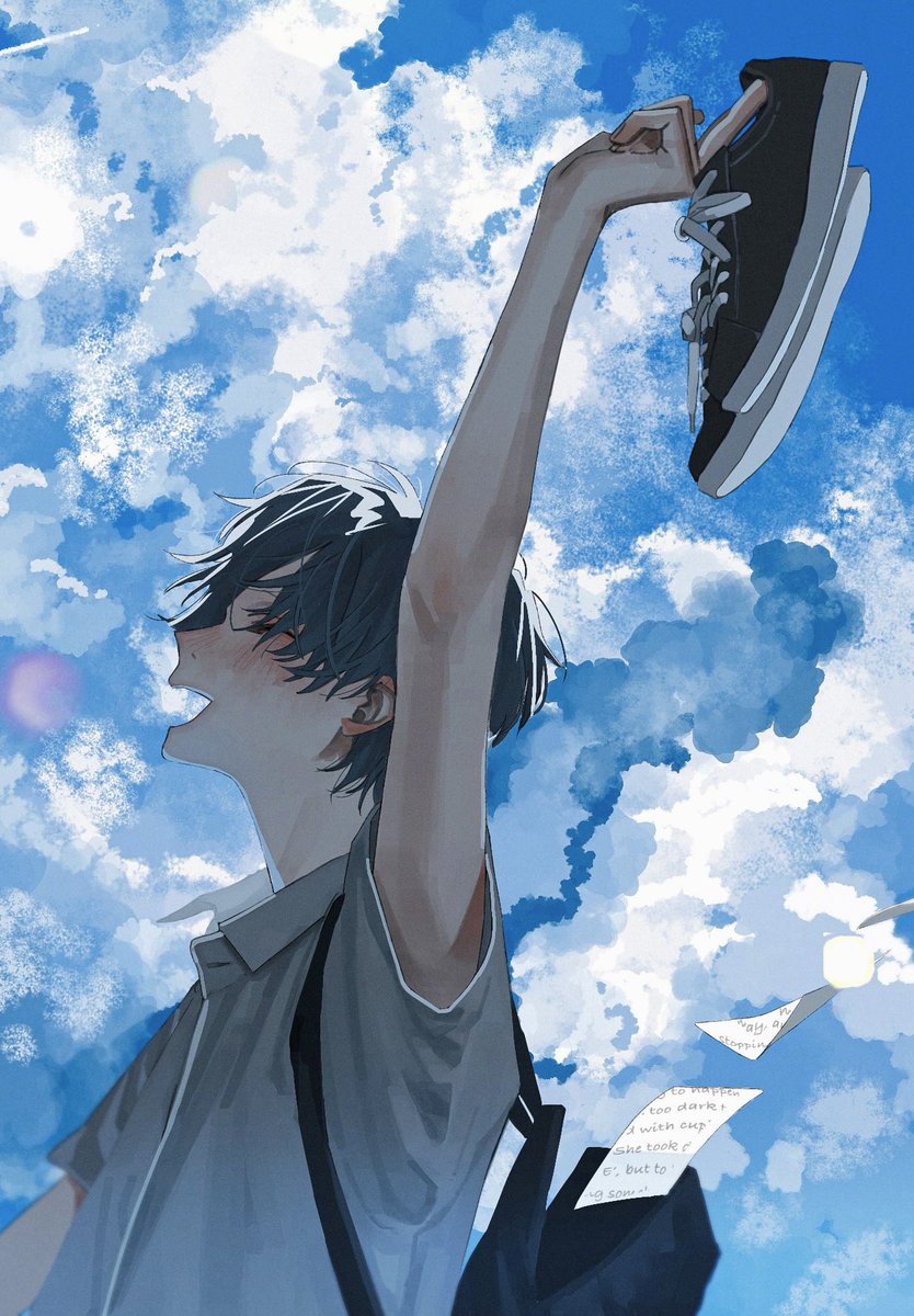 1boy cloud male focus sky solo bag black hair  illustration images