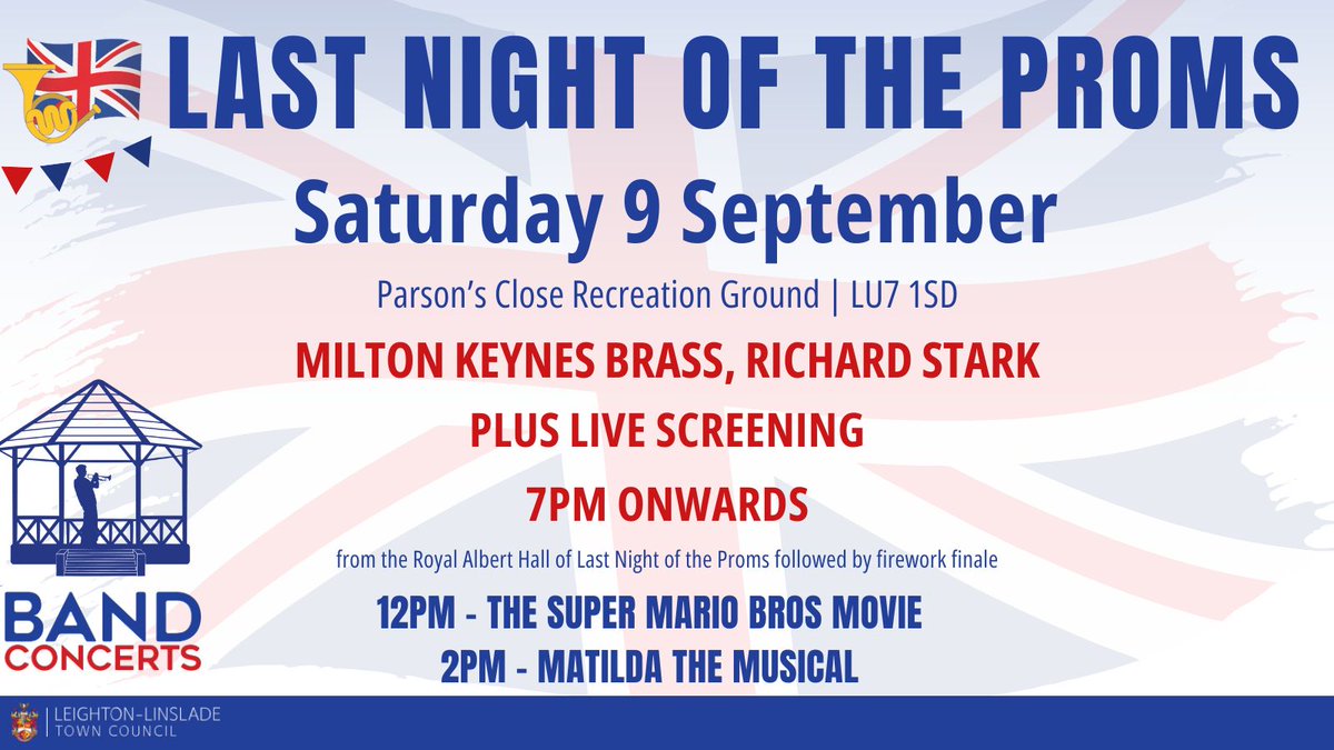 Last Night of the Proms and the Films in the Park events take place in Parson’s Close Recreation Ground today. Low-noise firework finale at 10.15pm following the end of the screening from London. 

#Leighton #Linslade #LeightonLinslade #centralbedfordshire #bedfordshire #proms
