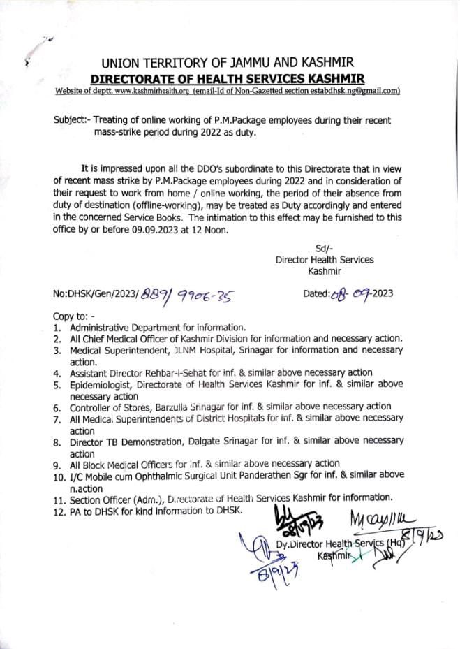 balibhagat_1's tweet photo. @manojsinha_ ji 
As per Directors (Health &amp; Social Welfare)-Kashmir order, the absence period of PM pkg. employees in 2022 is treated as "Duty " but the Jammu Based employees (Minorities) absence period is not considered. Kindly consider the latter absence period too as Duty. https://t.co/IsGip8s4Wf