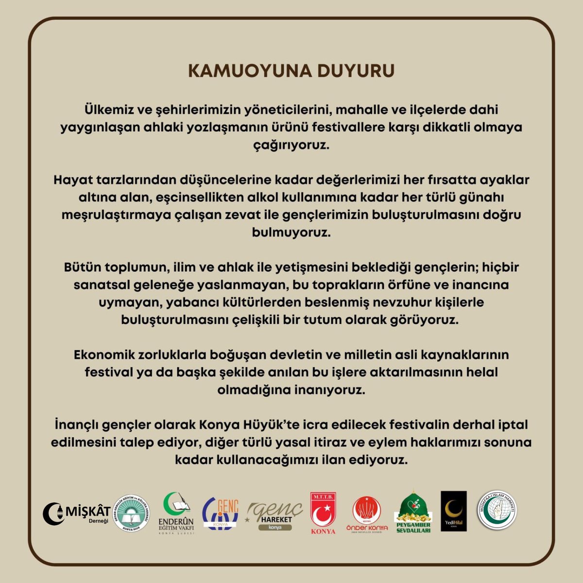 ErdemOzveren571's tweet photo. Konya'da ilmi Faaliyetleri Bulunan
10 Sivil Toplum Kuruluşu,
Hüyük ilçesinde 6 Gün Sonra Başlaması Planlanan "Hüyük Festivali" nin iptali için Çağrıda Bulundu.

Hüyük Belediyesi Ak Partide Bulunurken, Festivalde Ece Mumay
Gibi Çocuğunu Eşcinsel Yapmak istediğini Duyuran isimler Yer Alıyor.