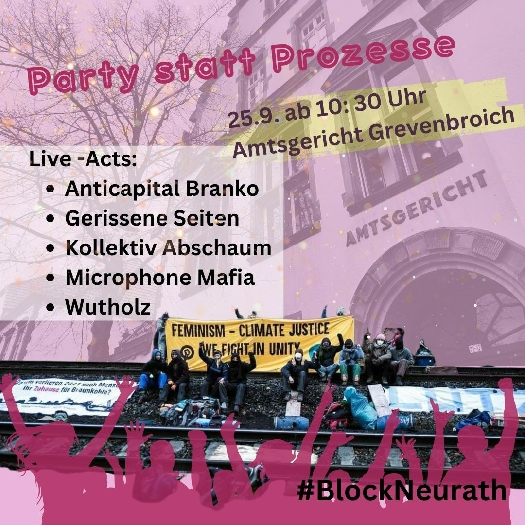 Am Mo, 25.9. um 11.15 Uhr geht es vor dem Amtsgericht Grevenbroich in die nächste Runde - parallel zum Prozess gibt es diesmal ein tolles Konzert! Kommt vorbei und zeigt eure #Solidarität! #BlockNeurath