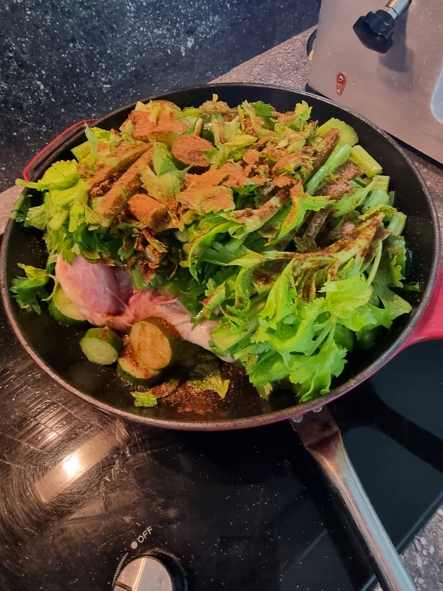 Cooking is so easy! Over 45 years ago I trained in a three stars Michelin .. Certainly now I chose simple food versus Lievre a la Royal..
Can you spot the baby chicken ? 
5 minutes prep: Spices with celery and cucumbers.
Use Mustard Oil it is healthy.
