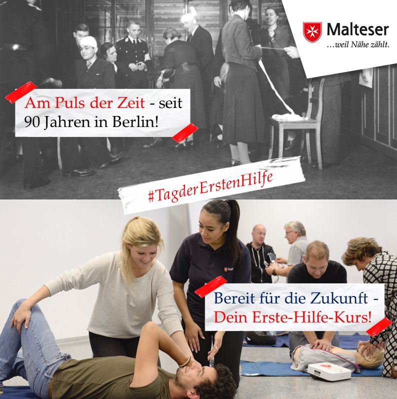 malteserberlin's tweet photo. ⛑️ Heute ist #TagderErstenHilfe - und wann ist DEIN Tag der Ersten Hilfe? Seit unseren Anfängen vor 90 Jahren haben wir Menschen darin geschult, wie sie mit #ErsteHilfe Leben retten können. Heute bilden wir in 900 Kursen rund 10.000 Teilnehmende jährlich in Erster Hilfe aus. https://t.co/hvDvisdSUL