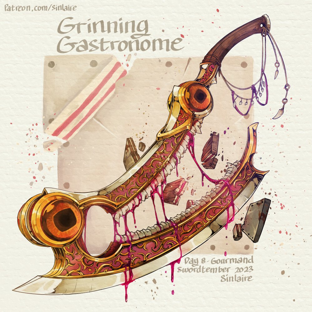 #swordtember Day 8 - Gourmand Grinning Gastronome A cursed weapon made for the follower of the Abyssal Lord of Gluttony. It can consume the enemy's life force and turn anything it kills into a cake. Hi-res images, stat, and cards available on Patreon #Swordtember2023
