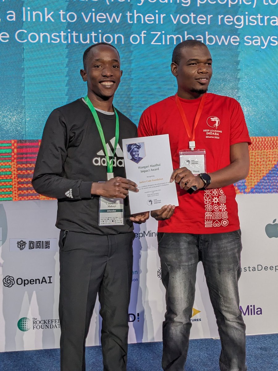Justice_Code's tweet photo. We're excited to have co-won the Wangari Maathai Impact Award on using Artificial Intelligence for social impact using our solution #VoteBot.
Thanks to @DeepLearning and the sponsors. https://t.co/bUMC5WZsN3