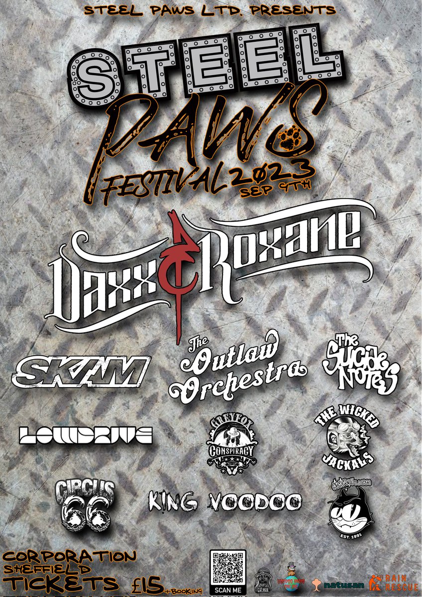 Today's the day: @paws_steel is here!! Last few tickets available on the door, so don't miss out. First band onstage at 1.30 pm. Be there to help support @rainrescue and the wonderful work they do to help homeless cats and dogs.