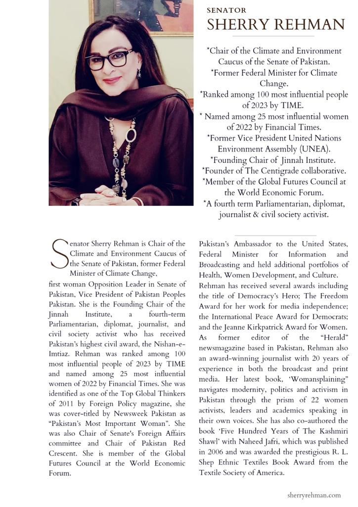SRehmanOffice's tweet image. Snapshot of Chair Climate and Environment Caucus of the Senate of Pakistan, Senator @sherryrehman&apos;s abbreviated profile. 🇵🇰