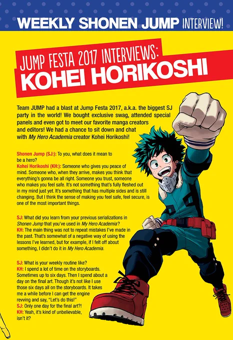 Adding an interview to Horikoshi for Jump Festa 2017 made by VIZ since this is all about archiving weekly chapters. This was officially published in VIZ's SJ along with chapter 131. 
