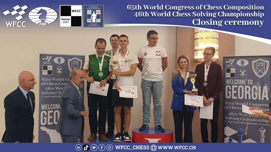 Wfcc_Chess's tweet photo. 65th World Congress of Chess Composition & 46th World Chess Solving Championship Closing ceremony β β β ββ β β β ββ β β β β #WCCC #Batumi #Georgia #wccc2023 #46wscs #64wccc #WFCC #ISC #chess #chess_composition #chess_solving #chess_problems #chess_endgame https://t.co/Qaz9xD6NUU