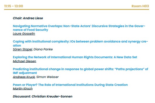 And we just don't stop with good panels on IOs in H03, with some brilliant minds gathered for the theme 'Complex Global Governance'. @GosselinLaure  @sostapel @MchlGiesen & some non-Xing folks. Sharp comments expected from @CKreuderSonnen. All at #EISAPEC23 right now!👇