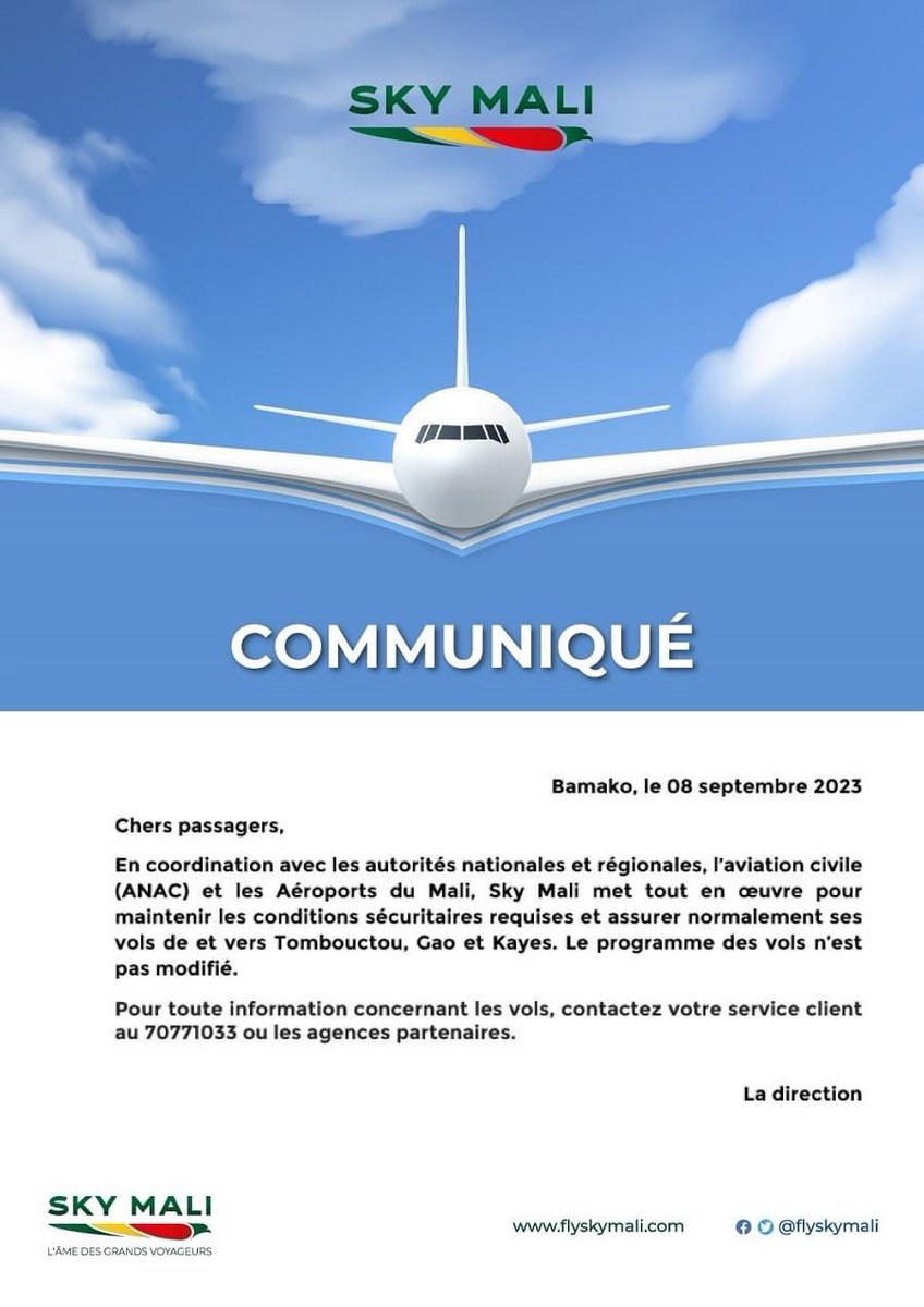 #Mali🇲🇱 - @FlySkyMali issued a statement denying the rumour that #Timbuktu will not be served in the near future due to safety concerns and fuel shortages: 'Sky Mali is working with the authorities to maintain the security conditions to be able to operate flights normally.'