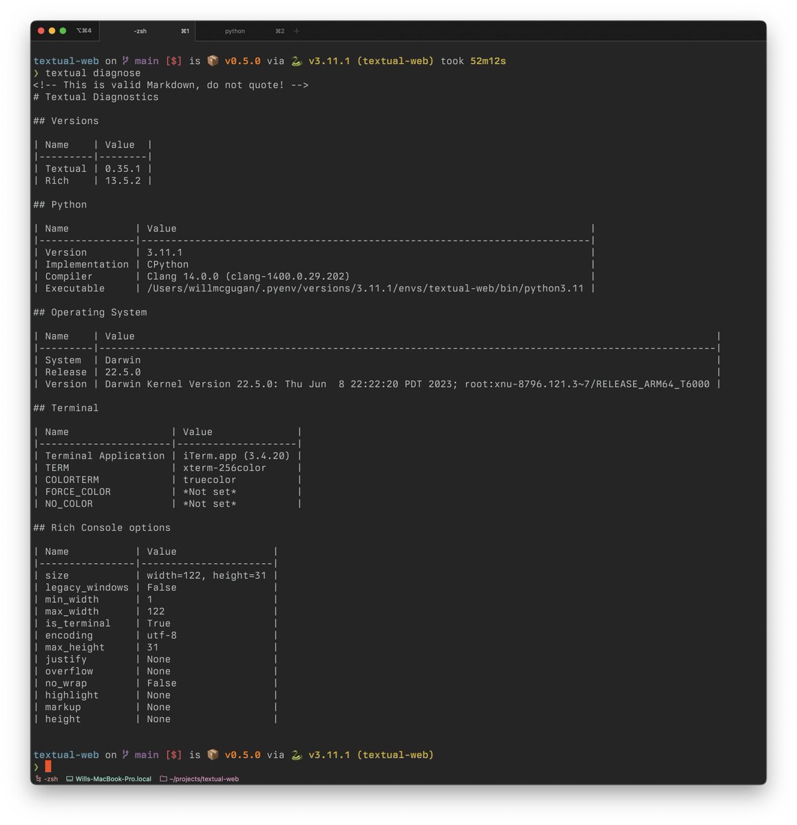 Textual has this helpful report generator designed to be pasted directly in to issues. It's all valid Markdown, so it renders nice tables in Github.

And yet people keep blockquoting the report or even taking a screenshot of it. Even with the comment at the top. 🤷‍♂️