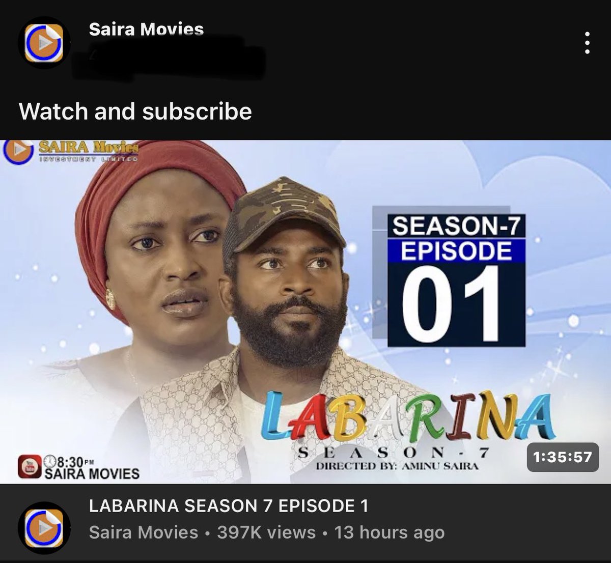 zaMusbeyNe_'s tweet image. LABARINA Series season 7 Episode 1 has hit almost 400k views in just 13hrs on @SairaMoviesTV YouTube channel.

I think we need to run a small 200GB - 300GB data giveaway for some of you guys here.