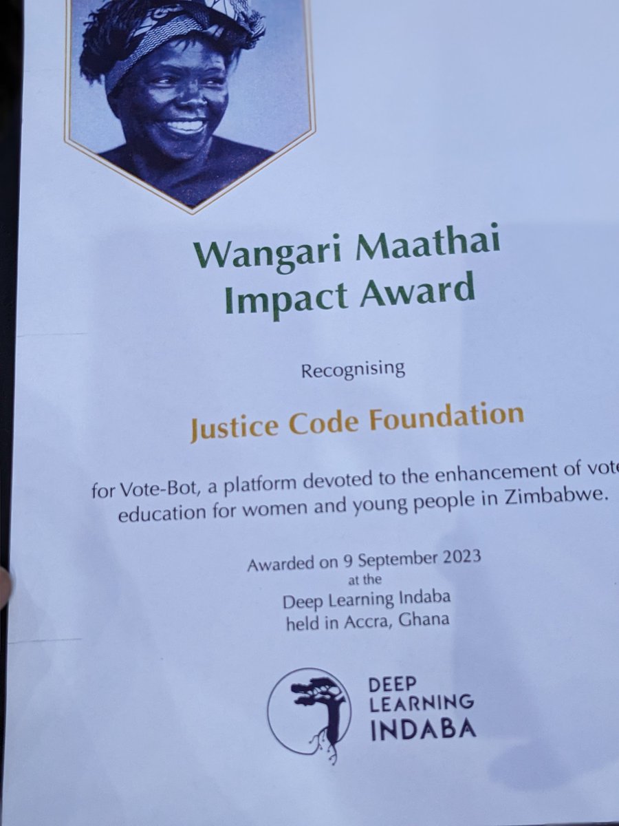 I am excited to have received the Wangari Maathai Impact Award on behalf of my organization Justice Code Foundation. The recognition is for using #AI in elections with VoteBot. The reception and recognition here in Ghana has been exciting. Thanks to @DeepIndaba .