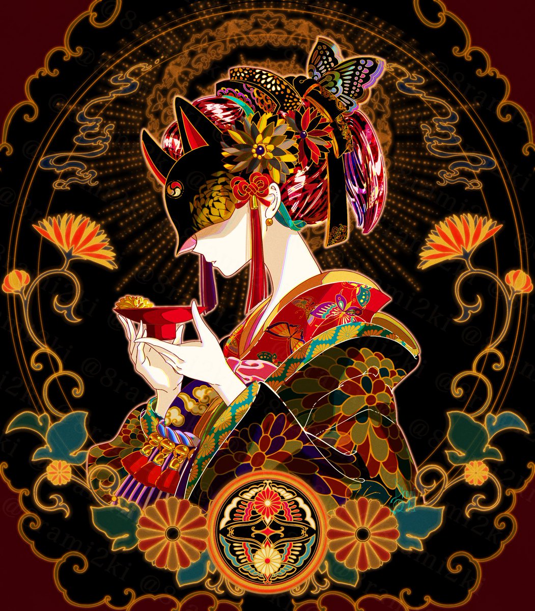 1girl japanese clothes solo kimono earrings mask hair ornament  illustration images