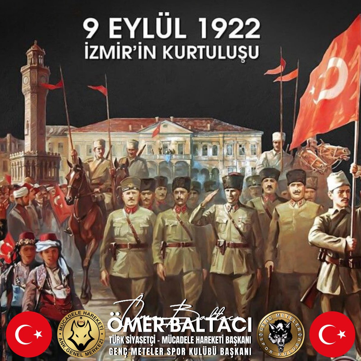 'Bütün dünya duysun ki, Efendiler; artık İzmir hiçbir kirli ayağın üzerine basamayacağı kutsal bir topraktır.' #9Eylül İzmir'in Kurtuluşu kutlu olsun. Başta Gazi Mustafa Kemal Atatürk ve silah arkadaşları olmak üzere tüm aziz Şehitlerimizi saygı, rahmet ve minnetle anıyorum. 🇹🇷