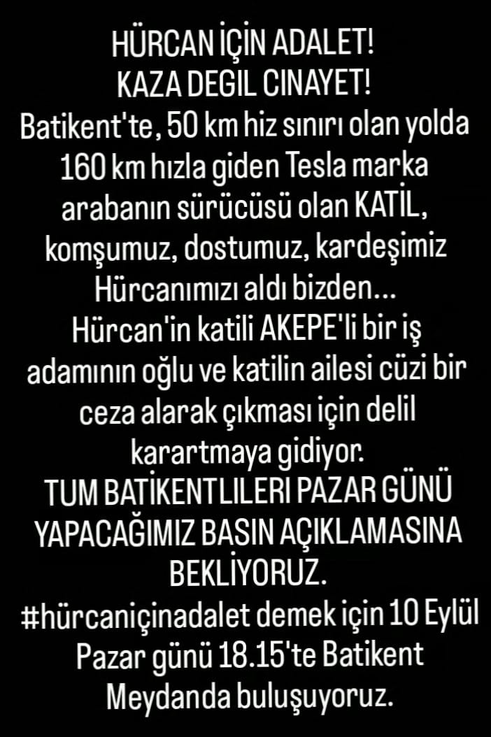 ozkanbogan's tweet photo. #hürcaniçinadalet demek için 
#kazadeğilcinayet demek için 
10 Eylül Pazar günü saat 18:15'de Batıkent Meydan da yapacağımız basın açıklamasına desteğinizi bekliyoruz.
Adalet herkese lazım olacak ve bu çürümüş düzene bir an önce dur demek zorundayız. https://t.co/3EYdzcXKWY