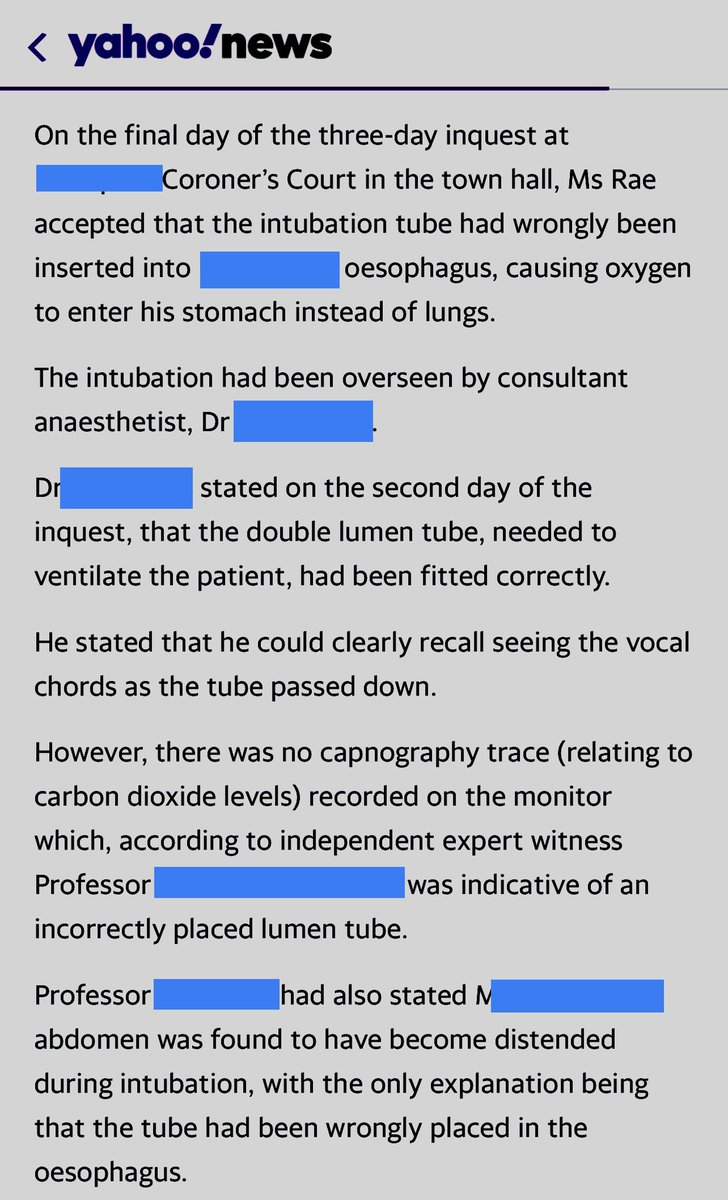 If you keep your eyes open you’ll see the depressingly regular reports of unrecognised oesophageal intubation causing patient harm This one yesterday Senior staff 25 mins UK A tragedy for all @AndyHiggsGAA @Fionafionakel @NicholasChrimes @RCoANews 1/5
