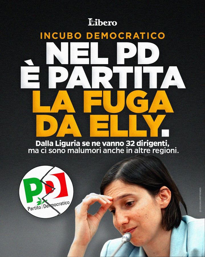 🔴 INCUBO DEMOCRATICO: NEL PD È PARTITA LA FUGA DA ELLY. Dalla Liguria se ne vanno 32 dirigenti, ma ci sono malumori anche in altre regioni.