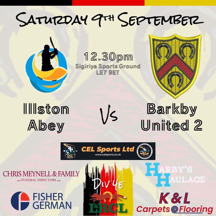 Week 21 <a href="/landrcl/">Leics & Rutland CL</a> fixtures: 

🏡 1s vs. @LboroTownCC 2s at <a href="/KettonSports_CC/">Ketton Sports Cricket Club</a> 

🚌 2s vs. Illston Abey

🔚 3s season finished last week

Thanks to our match day sponsors <a href="/FisherGerman/">Fisher German</a>, K&amp;L Carpets &amp; Flooring, <a href="/HarbysHaulage/">Harby's Haulage</a>, Chris Meynell &amp; Family Funeral Directors &amp; <a href="/cel_sports/">CEL Sports Coaching</a>