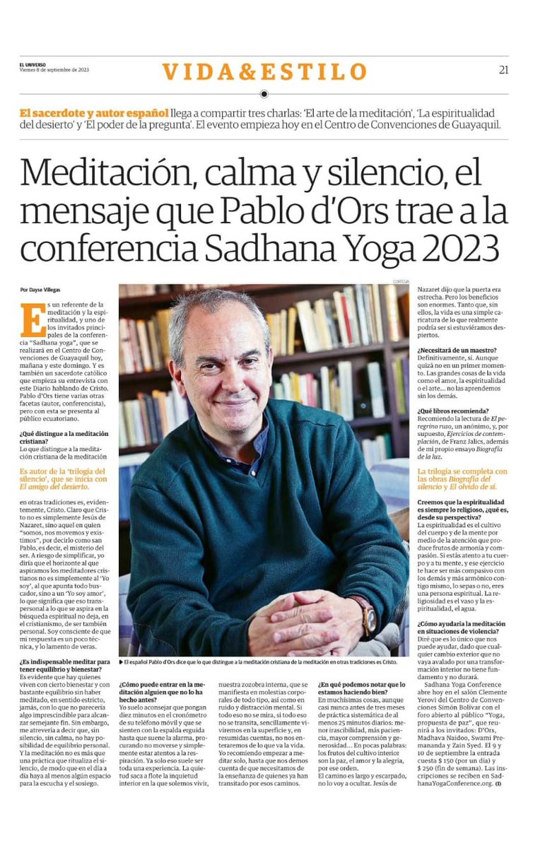 Entrevista para <a href="/eluniversocom/">El Universo</a>. Nos vemos en el Sadhana Yoga Conference hablando de meditación, espiritualidad y silencio.
