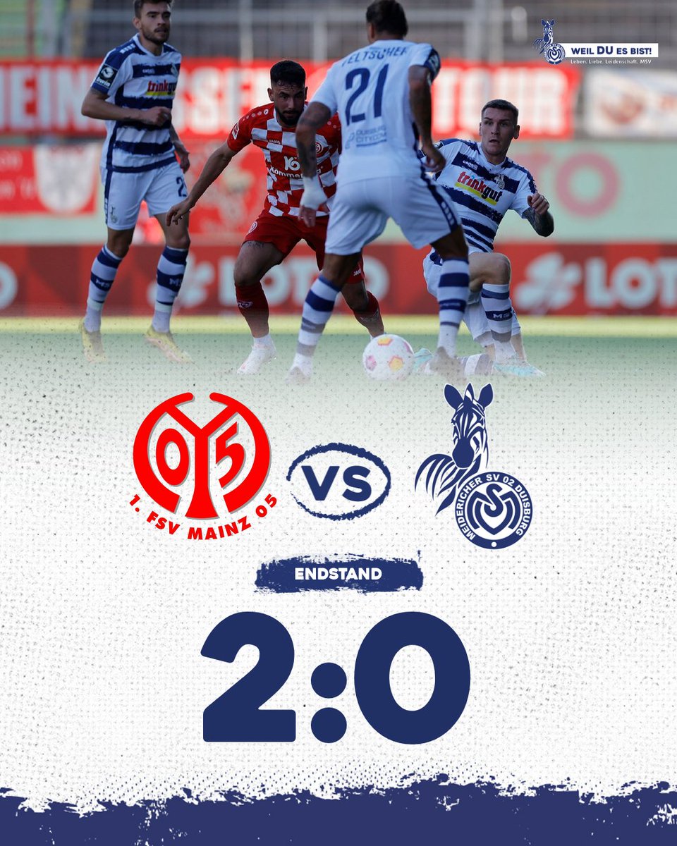 MSVDuisburg's tweet photo. 90' (Test-)Spielende.
Unsere #Zebras unterliegen dem 1. FSV Mainz 05 nach ordentlichen 90 Minuten mit 0:2 (0:1). Tom Krauß traf zweimal per Strafstoß.
#WeilDUesBist #M05MSV #Duisburg https://t.co/Yizh1HS3iT