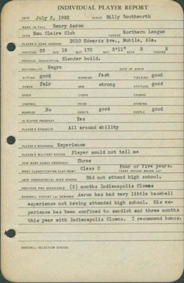Hank Aaron’s scouting report by Billy Southworth of the Milwaukee Braves:

“I recommend bonus.” 

Billy Southworth deserved a raise.