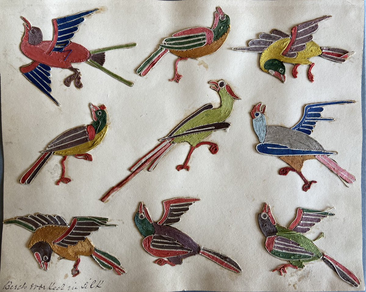Help! Have you seen anything like this before and if so, can you tell me more? These birds are made of silk threads pasted down onto fabric and then cut out and put onto paper. They are from the 1850s at the latest but our hunch is much earlier. Thank you!
