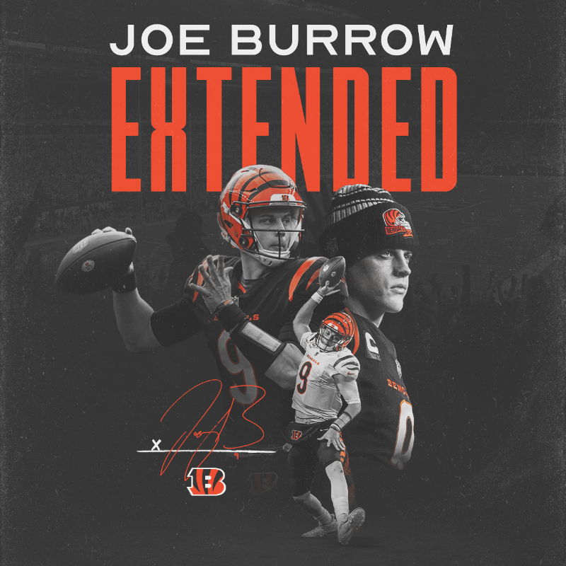 Bengals's tweet photo. We have signed QB Joe Burrow to a contract extension through the 2029 season.