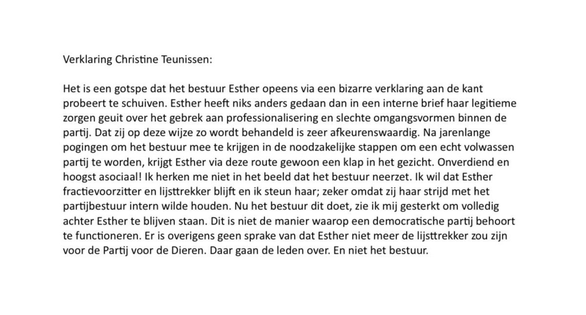 Ct_teunissen's tweet photo. Volledige steun voor Esther Ouwehand. Zij is dé lijsttrekker voor de @PartijvdDieren. Verbijsterd door bizarre actie van bestuur. Mijn verklaring hieronder. https://t.co/yOnNffzgkm