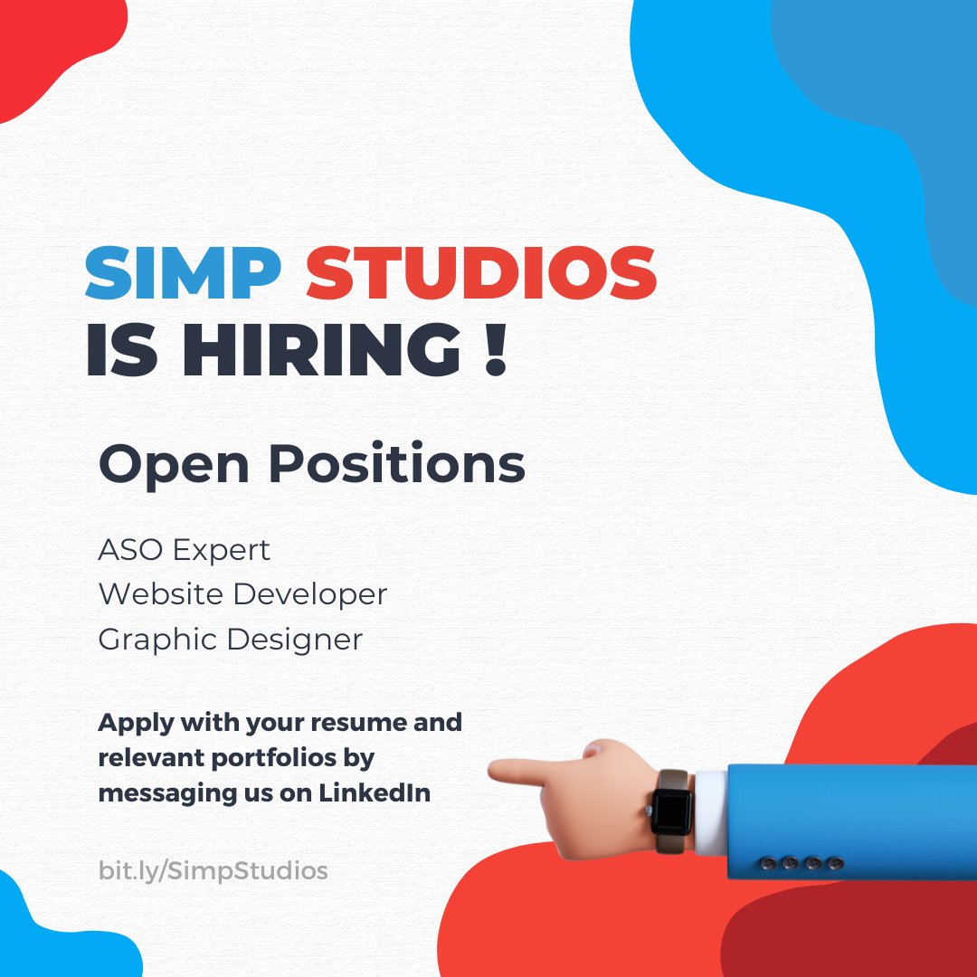 StudiosDeSimp's tweet photo. Simp Studios is #hiring for the following positions: #ASO Expert, #WebsiteDeveloper, and #GraphicDesigner 

Apply now: https://t.co/FXXbCU7uW6 https://t.co/l1IECJi2Zz