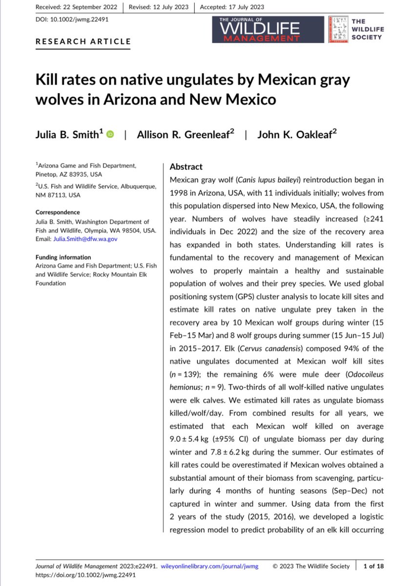 ScottTBoyle's tweet photo. Despite their smaller body and pack sizes, Mexican wolves still depend on elk as their primary source of food. Excited to further contribute to this body of literature from the prey’s viewpoint in the near future. 

https://t.co/S0EPPNpgHK https://t.co/ZkOC2nv2Qn