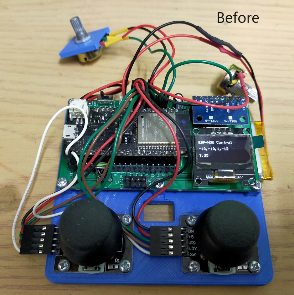 #電子工作 の実験。#ロボットハンド? を付けた #ESP32S #メカナムホイール #スマートカー を #ESPNOW でも動かして見ました😊。ADC1しか使えない、memsetを追加するなどの気づきがありました。また #JoyStick に #ポテンショメータ を一体化しました。なるほどと思いました🤔。#ESP32 #Arduino