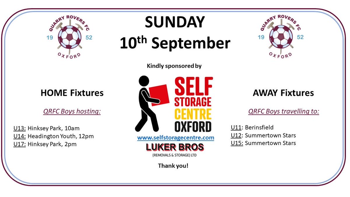 After a busy day today, there are 3 more games at Quarry Rec tomorrow. Our u13s and u17s both take on Hinksey Park at 10.00 and 14.00. Our u14s play @HYFC2015 at midday. Come along and enjoy the games☀️⚽️🧃