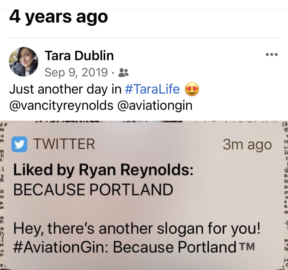 taradublinrocks's tweet photo. Happy Follow-versary, @VancityReynolds! It’s really time for you to come back to Portland so we can make an @AviationGin commercial together already, this slogan is absolutely still in effect #BecausePortland https://t.co/p39cpuqw2a